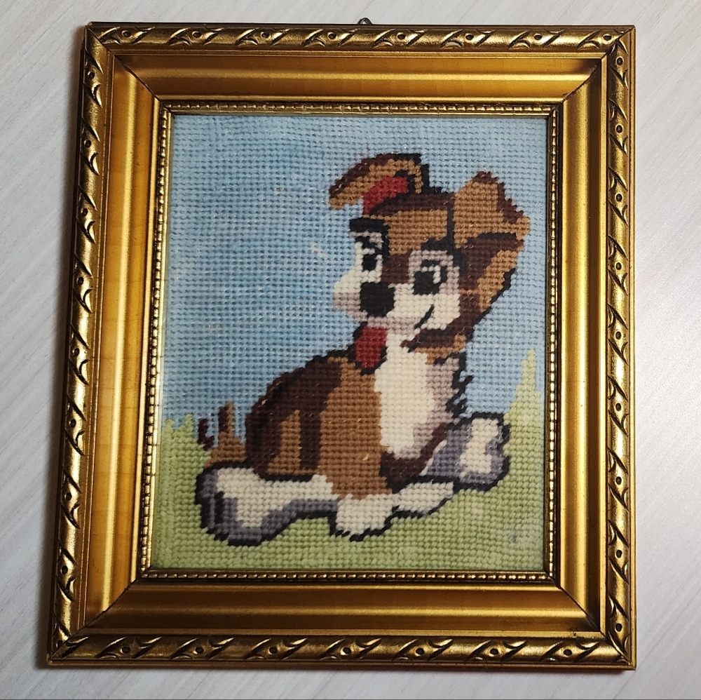 Vintage Gobelin Cross Stitch Dog Art in Gold Ornate Frame Needlepoint 70s To 80s